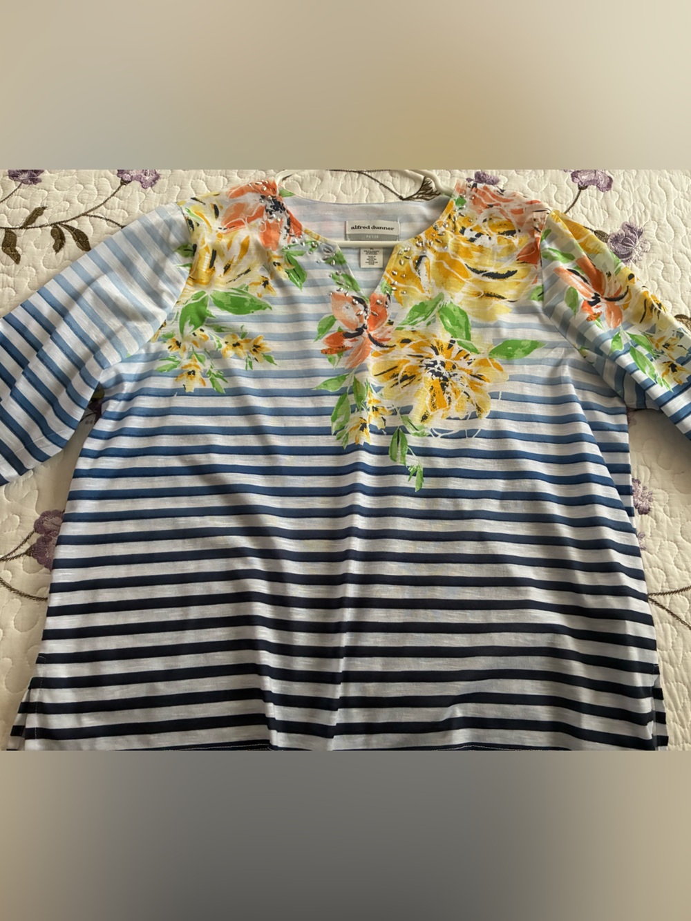Alfred Dunner Navy & White Striped Top with Yellow Floral Accent